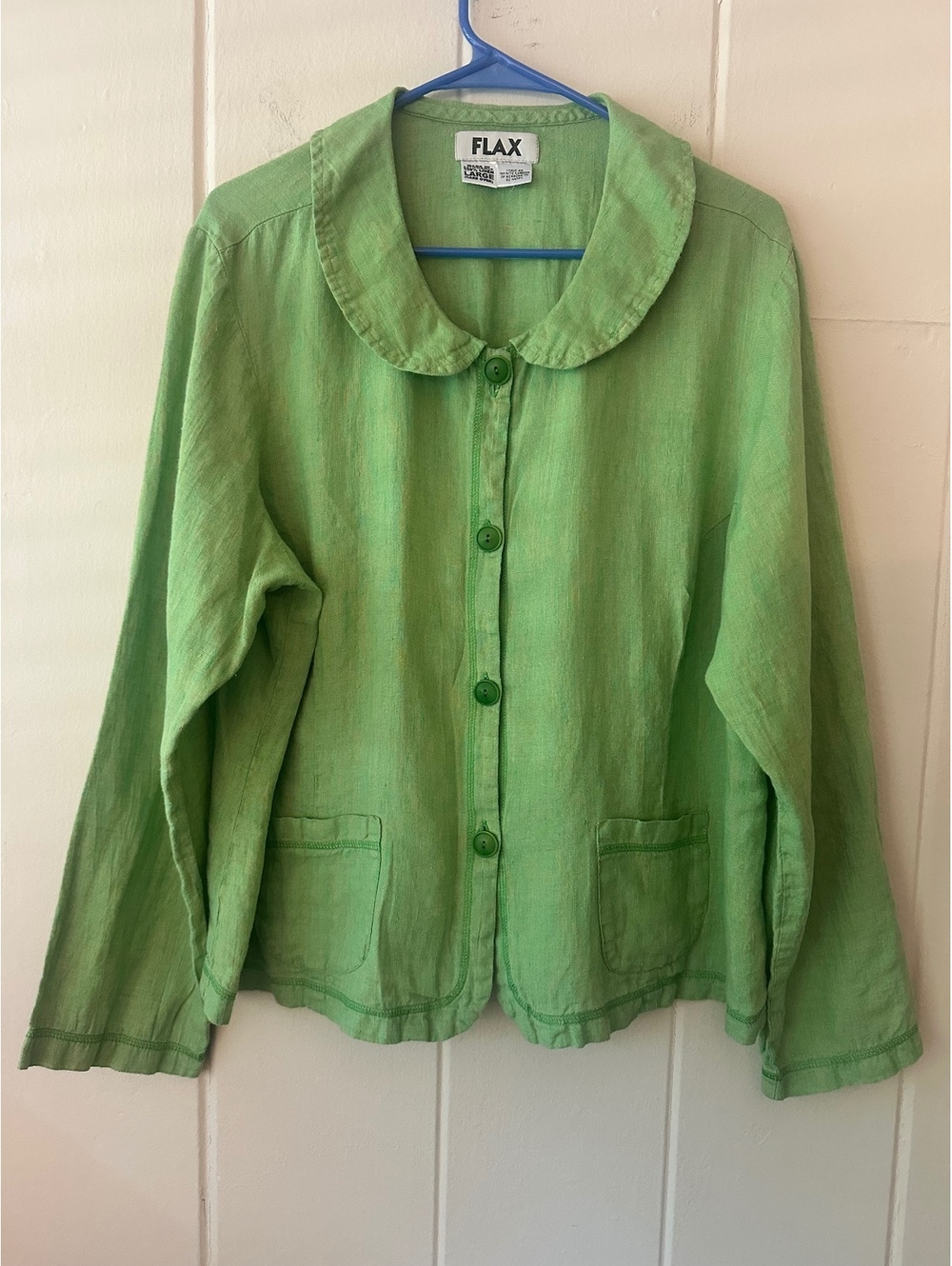 FLAX Lime Green 100% Linen Button Up Shirt Top Jacket Rounded Collar Size Large